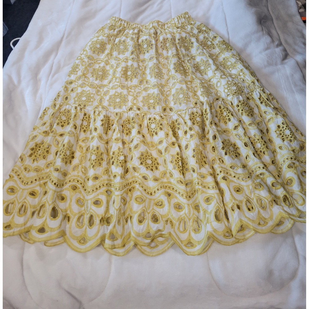 Liv Los Angeles Boho Floral Eyelet Embroidery Tiered Scallop Midi Skirt Ivory S
